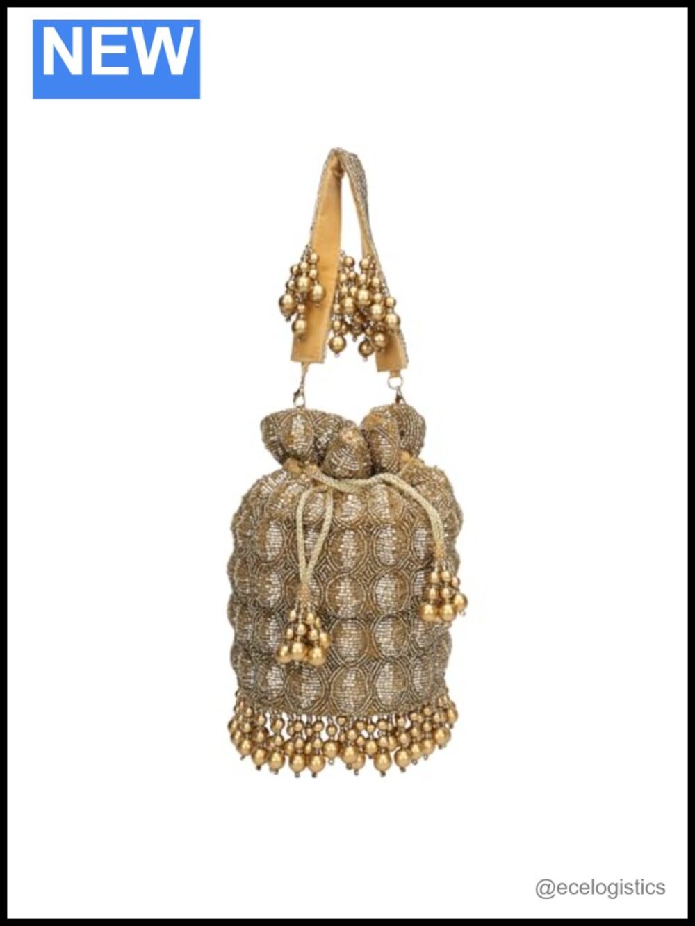 Gold Beaded Potli Bag Wristlet with Pearl Fringe Drawstring Clutch Evening Bag
